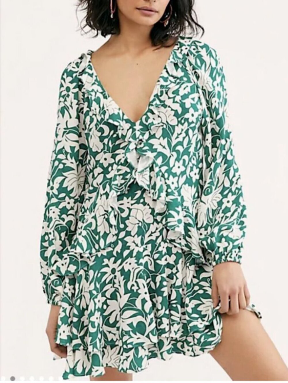 Free People Rebecca Floral Print Ruffled Dress Size S Green and White